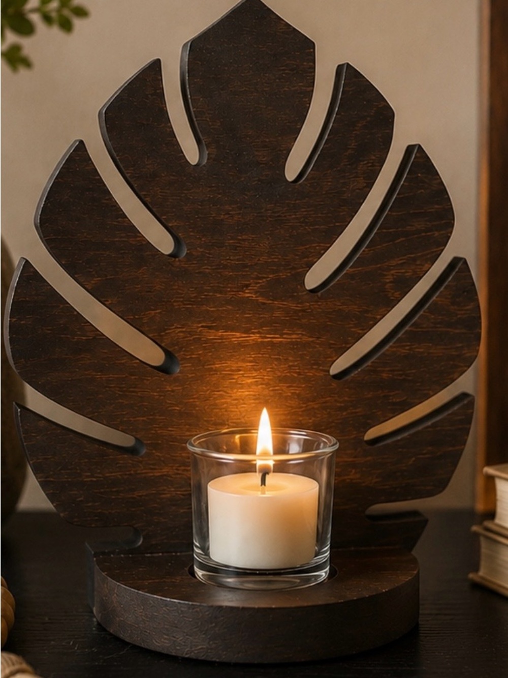 Handcrafted Wooden Monstera Leaf Candle Holder & Wall Shelf Country  Coastal New